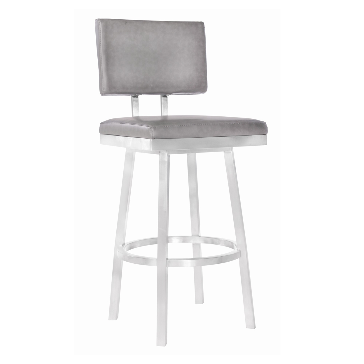 Lumbar Back Faux Leather Barstool With Stainless Steel Legs, Gray And Silver- Saltoro Sherpi