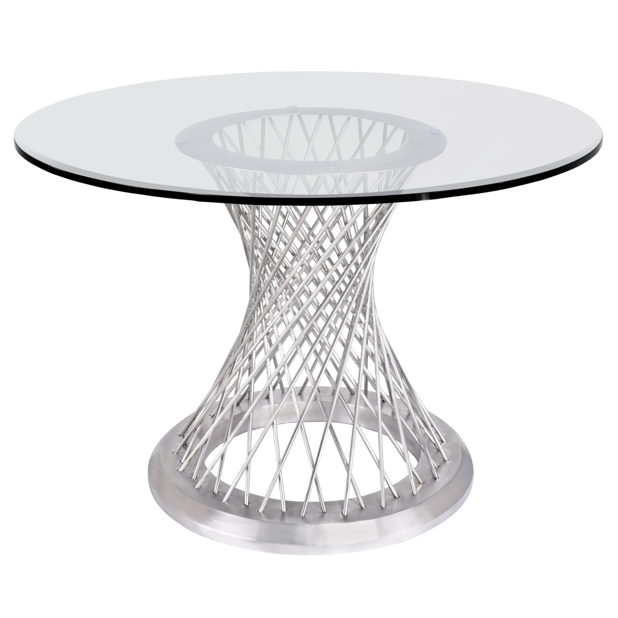Round Glass Top Dining Table With Metal Mesh Base, Silver- Saltoro Sherpi