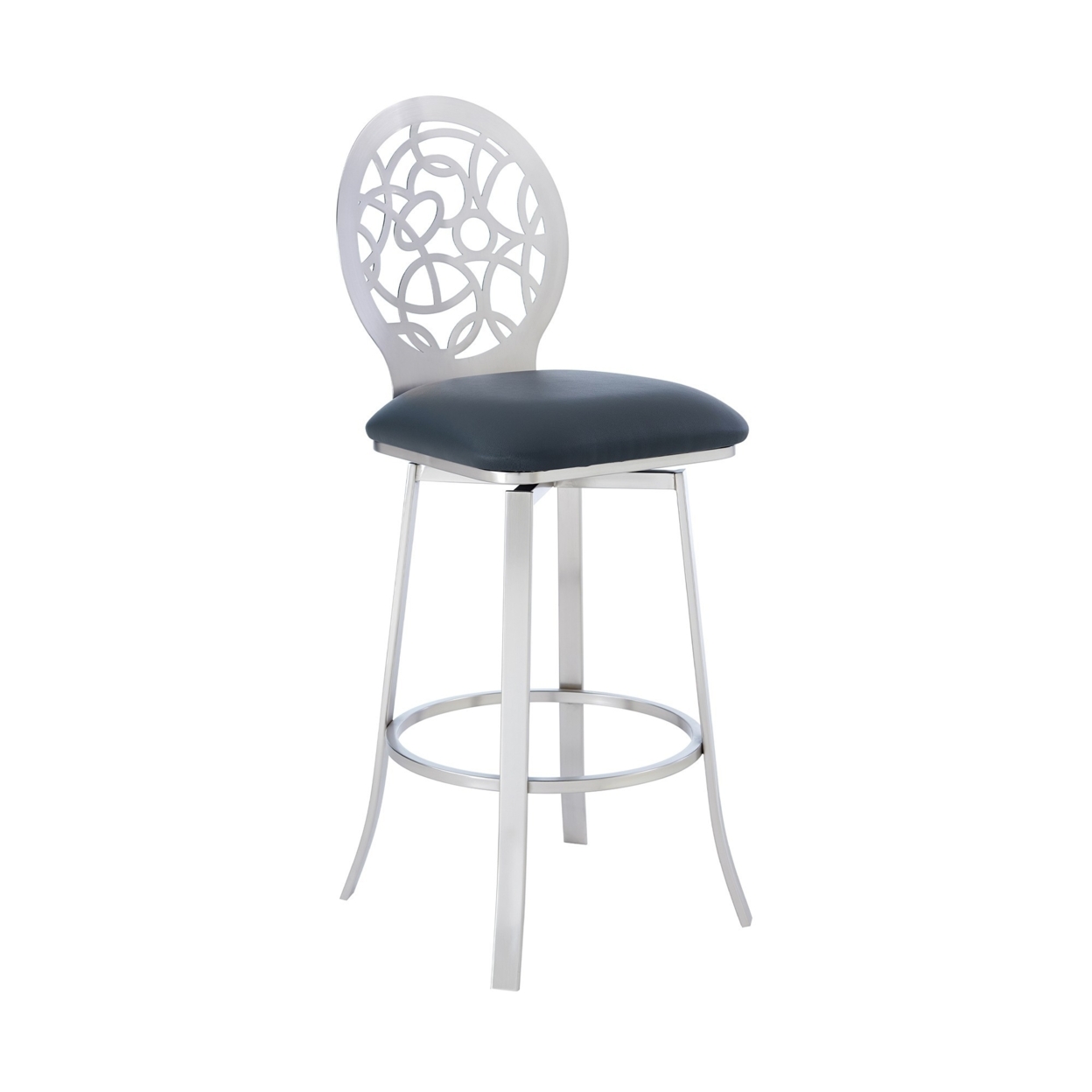 30 Inches Leatherette Barstool With Geometric Backrest, Silver- Saltoro Sherpi