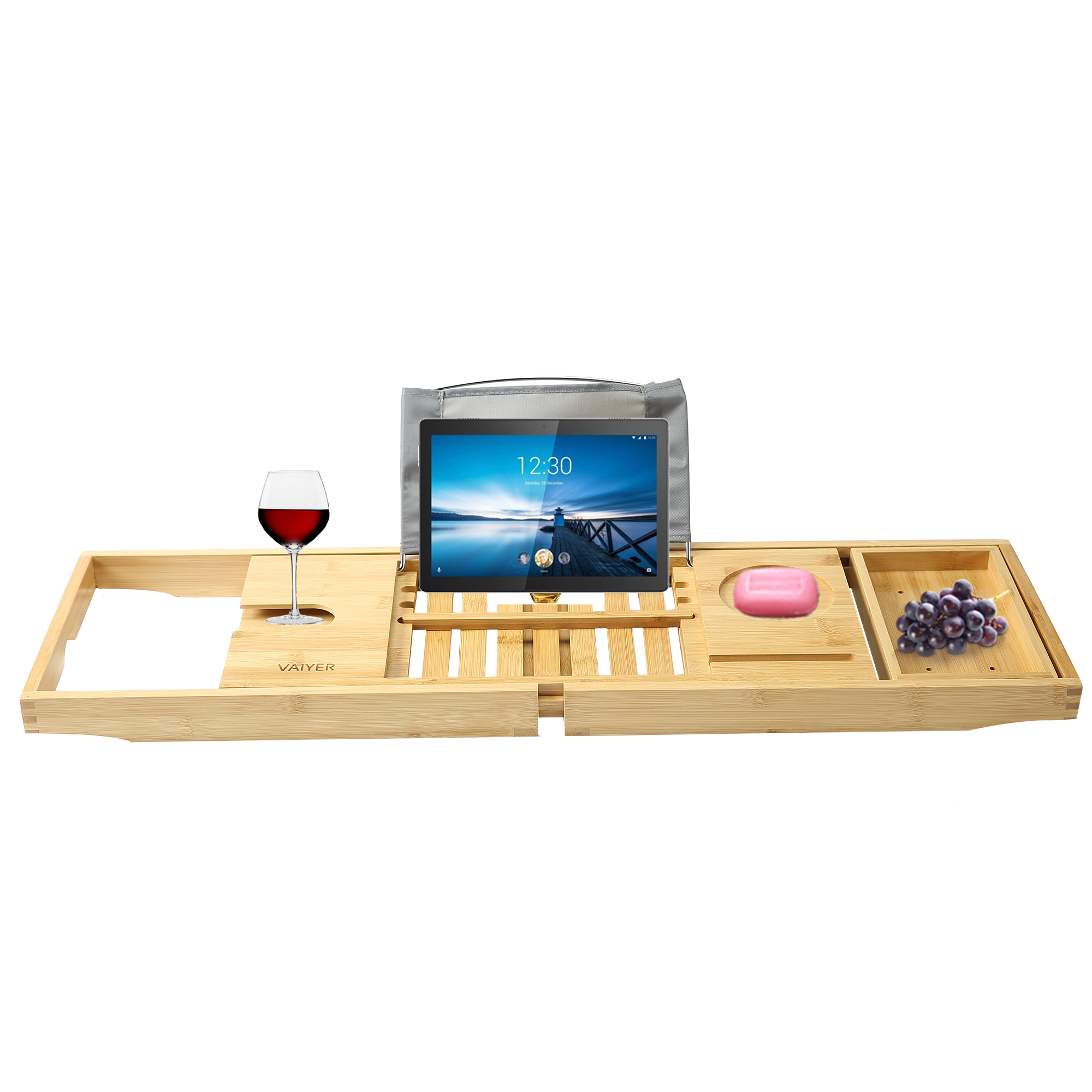Vaiyer Bamboo Bathtub Tray, Caddy Wooden Bath Tray, Table w/ Extending Sides, Reading Rack, Tablet Holder, Mobile Tray & Wine Glass Holder