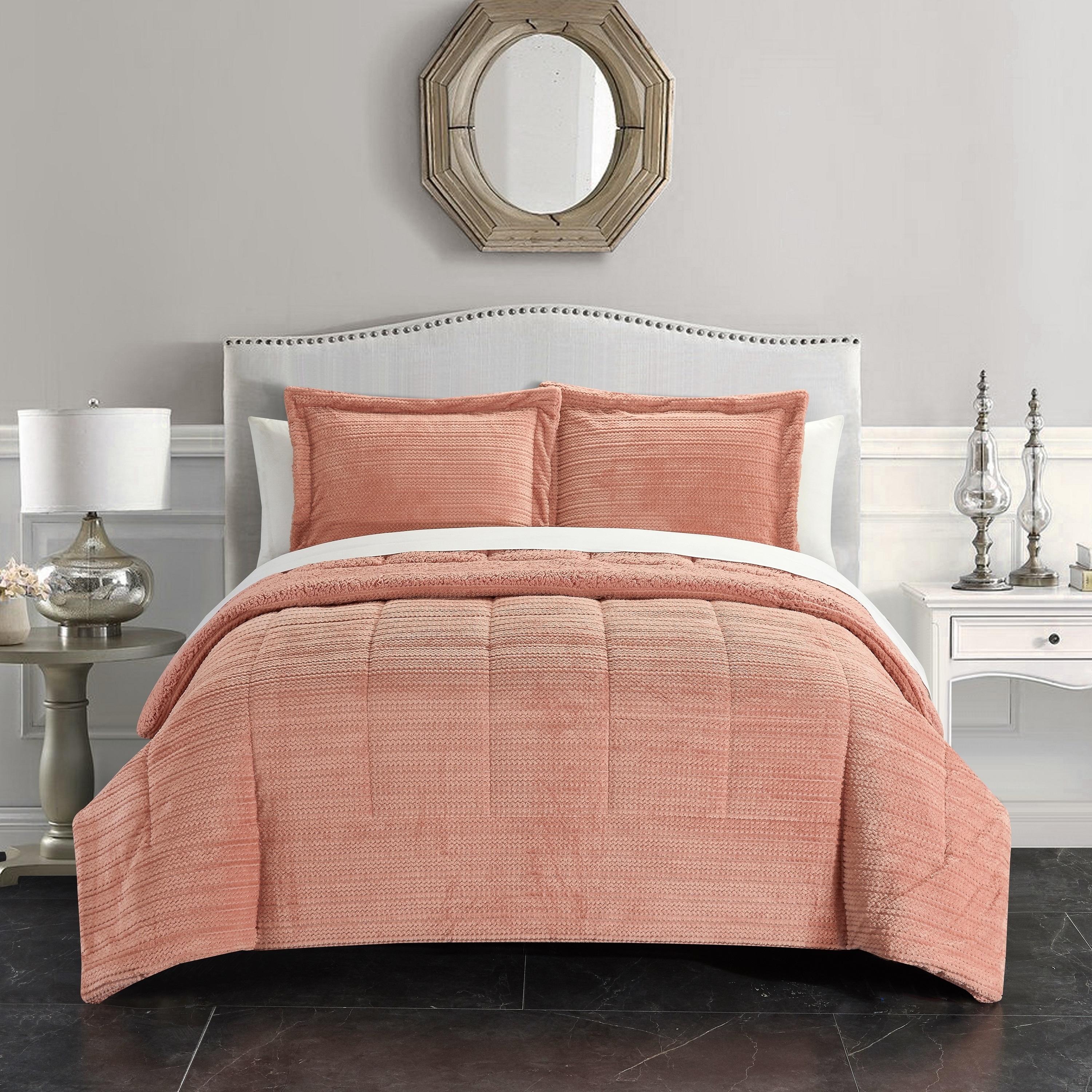 Ryland 3 Or 2 Piece Comforter Set Ribbed Textured Microplush Sherpa Bedding - Pillow Shams Included - Blush, Twin