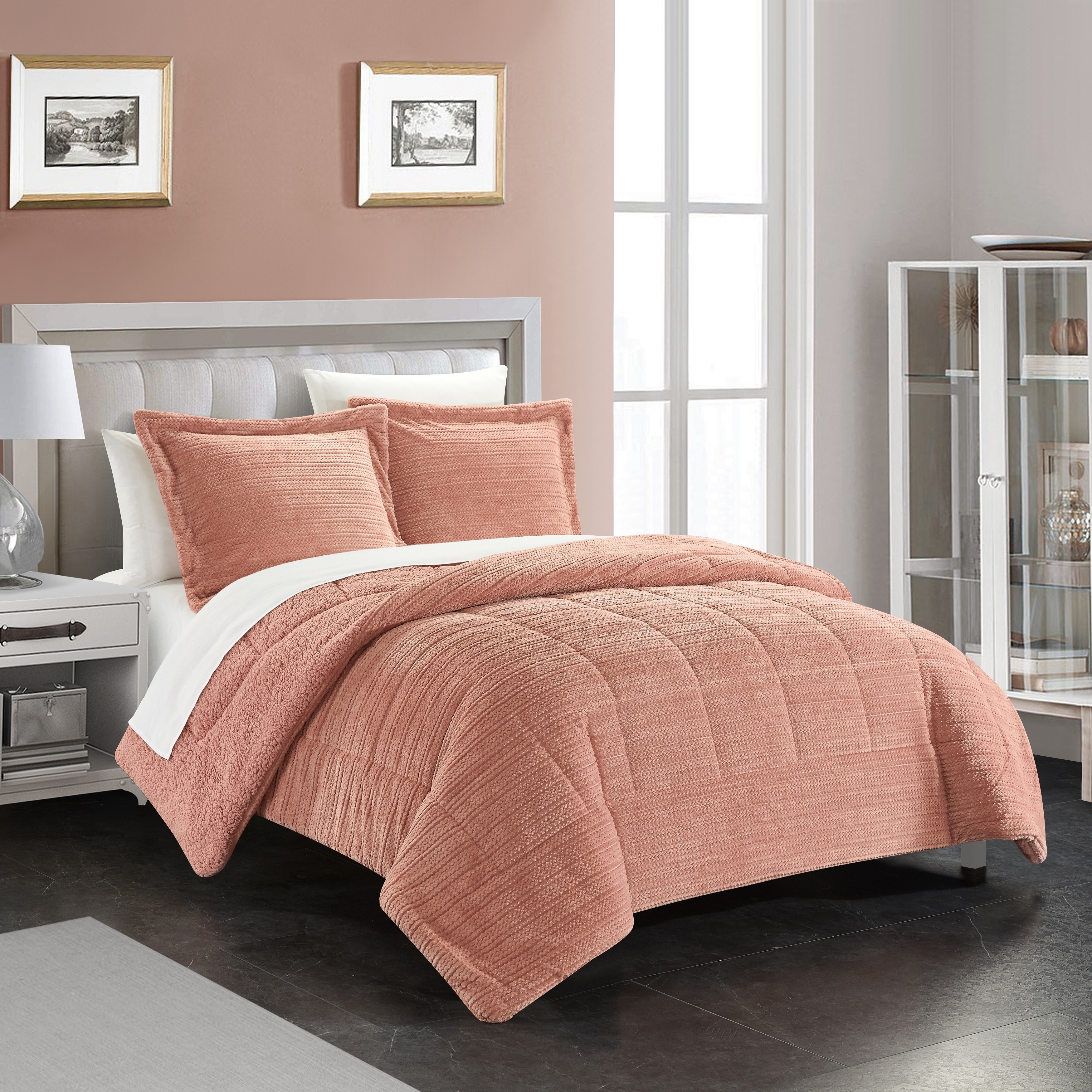 Ryland 3 Or 2 Piece Comforter Set Ribbed Textured Microplush Sherpa Bedding - Pillow Shams Included - Blush, Queen
