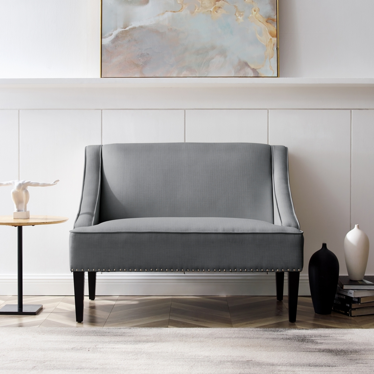 Janessa Linen Bench - Upholstered With Swoop Arms - Light Grey