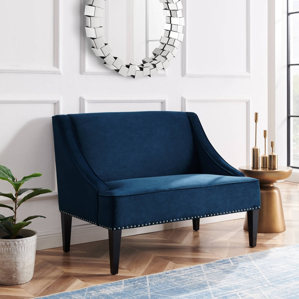 Janessa Velvet Bench - Upholstered With Swoop Arms - Navy