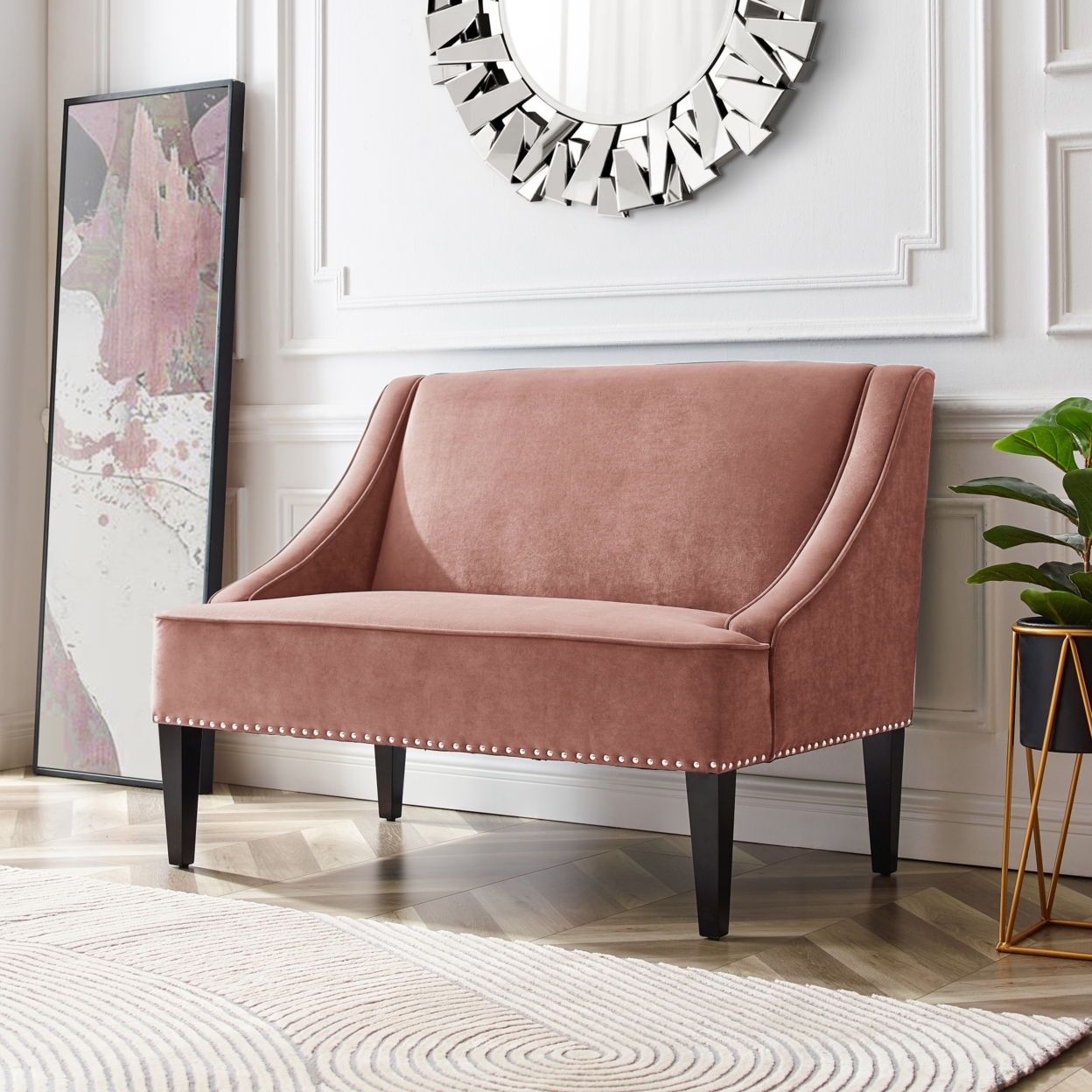 Janessa Velvet Bench - Upholstered With Swoop Arms - Blush