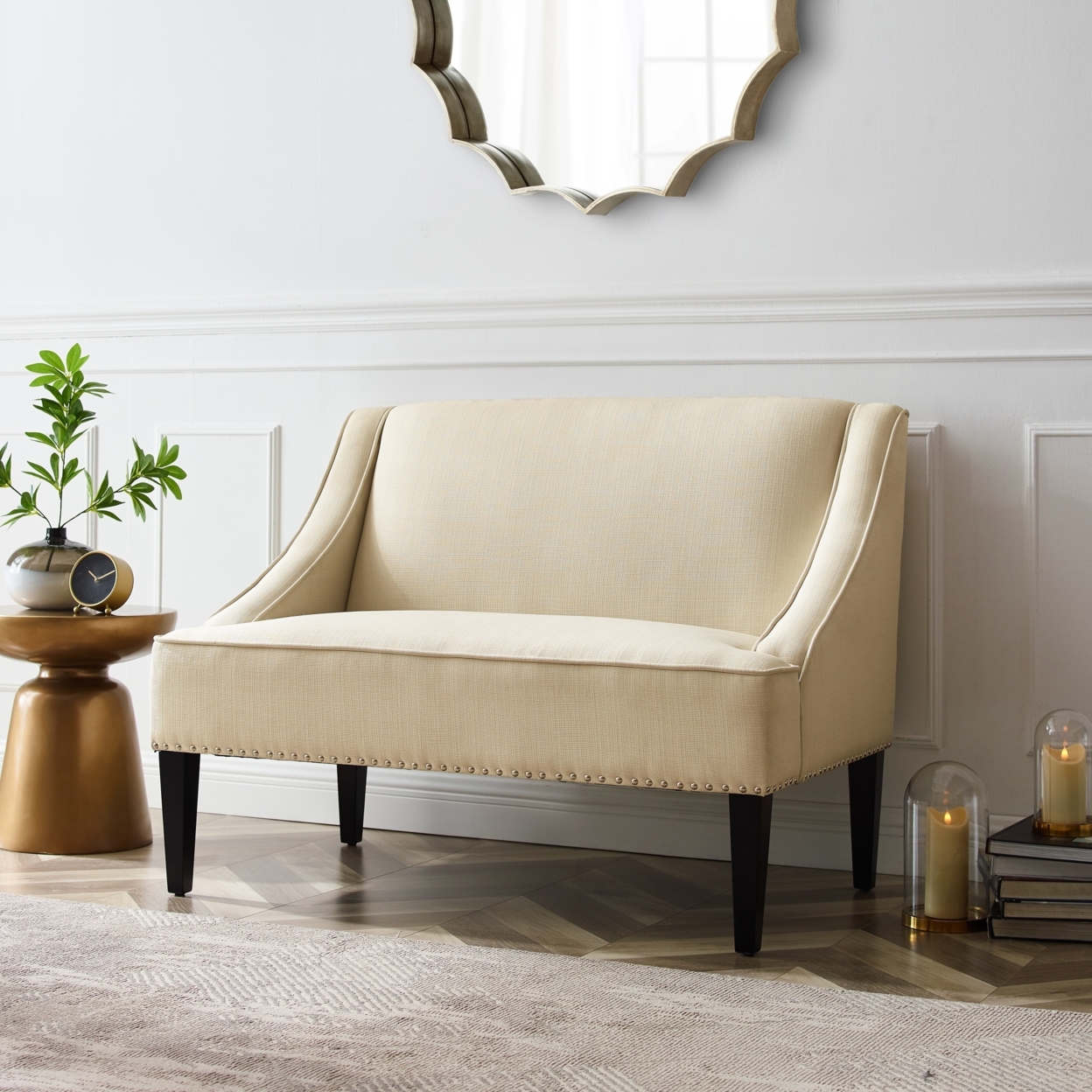 Janessa Linen Bench - Upholstered With Swoop Arms - Cream White