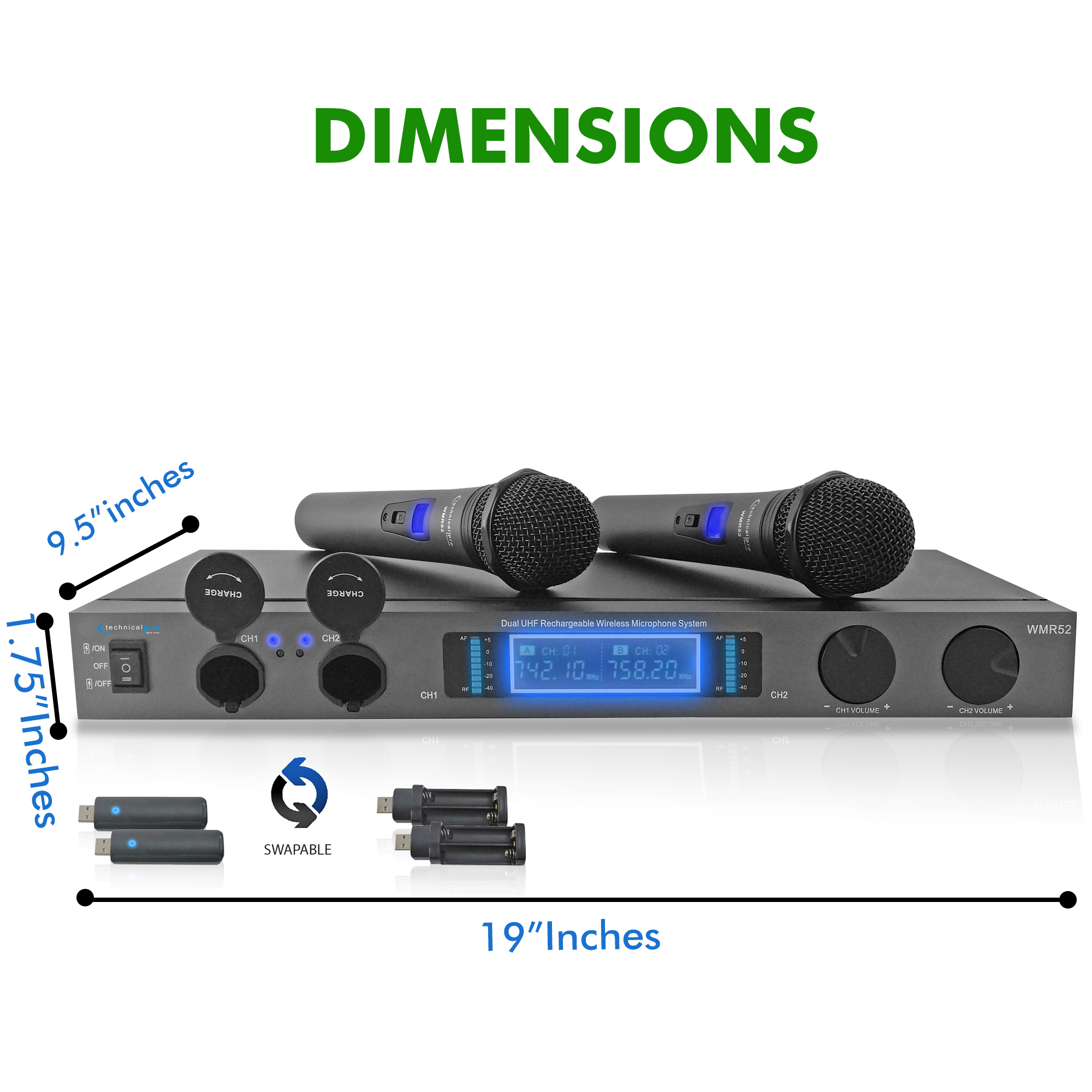 Technical Pro Professional Dual UHF Rechargeable Wireless Microphone System, Two Cordless Handheld Microphones, For Home Karaoke, DJ Party