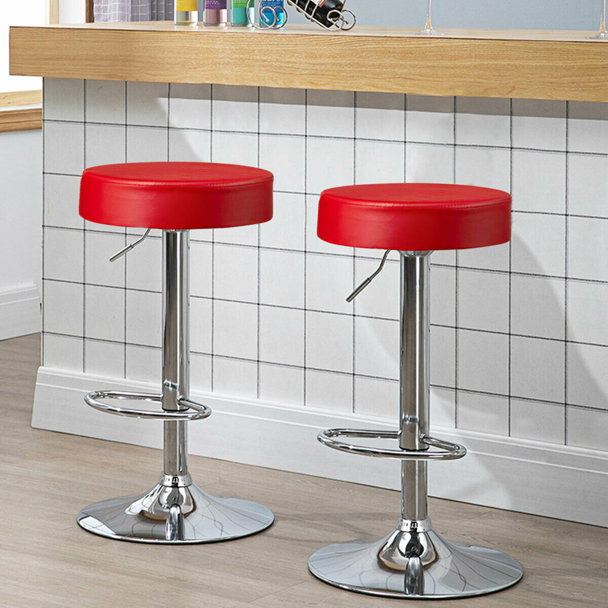 2PCS Adjustable Swivel Bar Stool PU Leather Kitchen Counter Bar Chairs Red