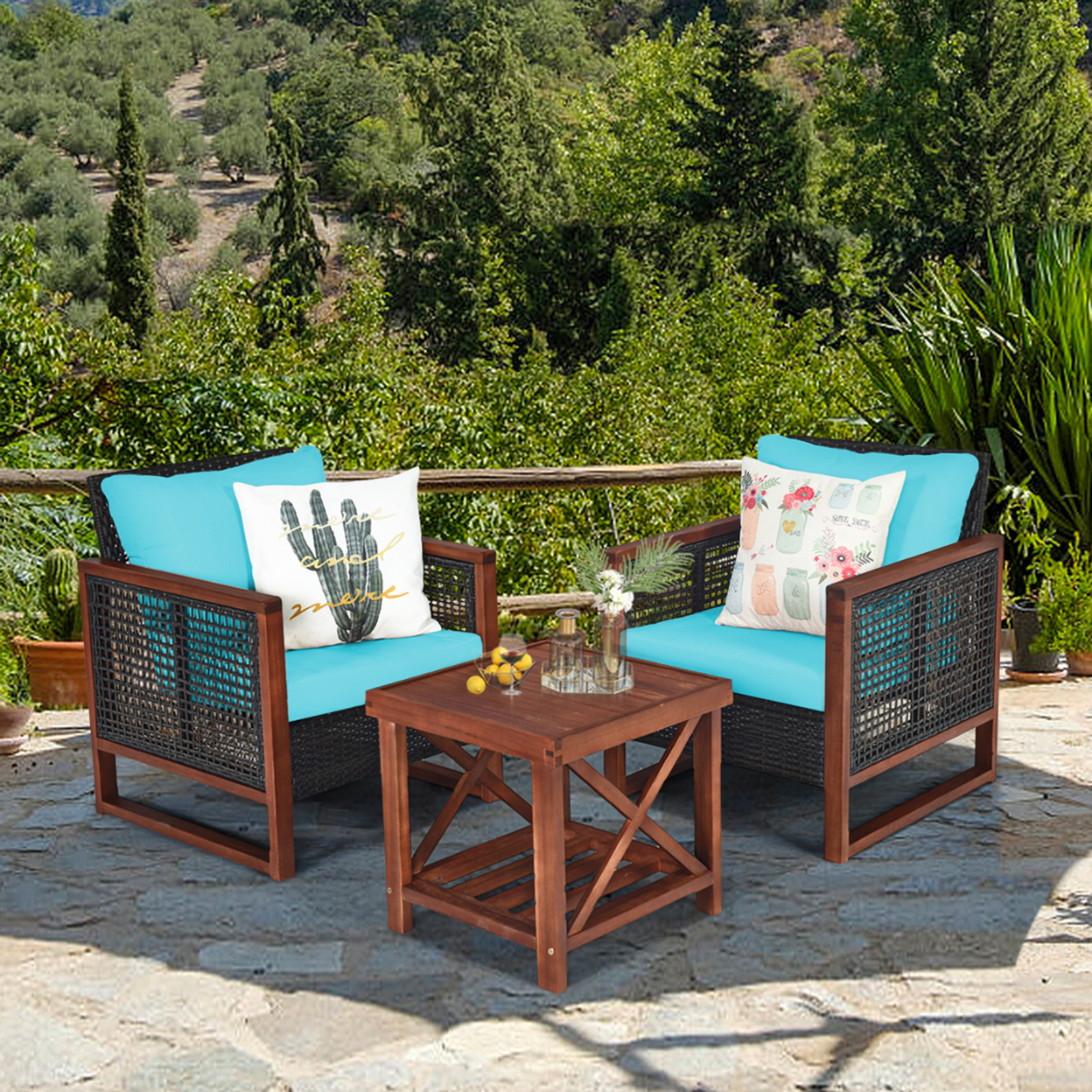 3PCS Rattan Wicker Patio Conversation Set Outdoor Furniture Set W/ Turquoise Cushion