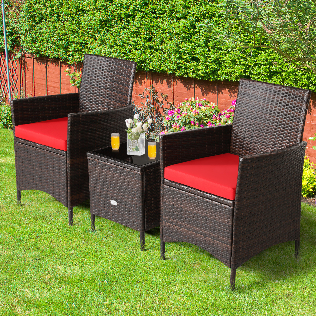 3PCS Outdoor Rattan Conversation Set Patio Furniture Set W/ Red Cushions