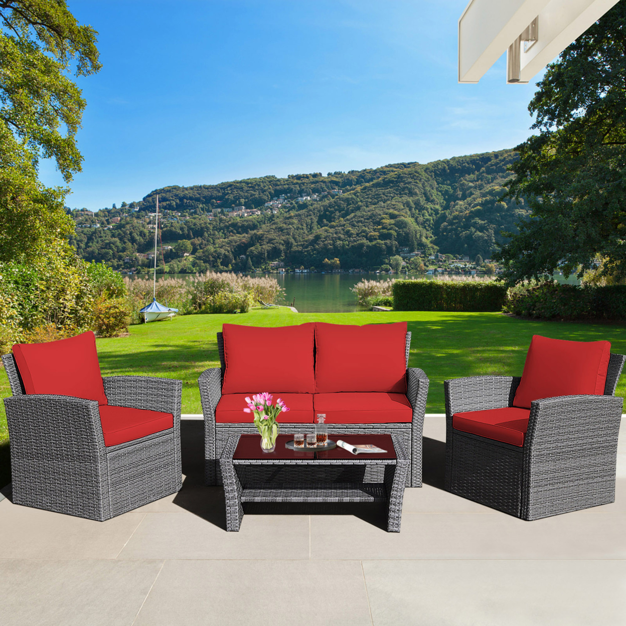 4PCS Patio Rattan Conversation Set Outdoor Furniture Set W/ Red Cushions
