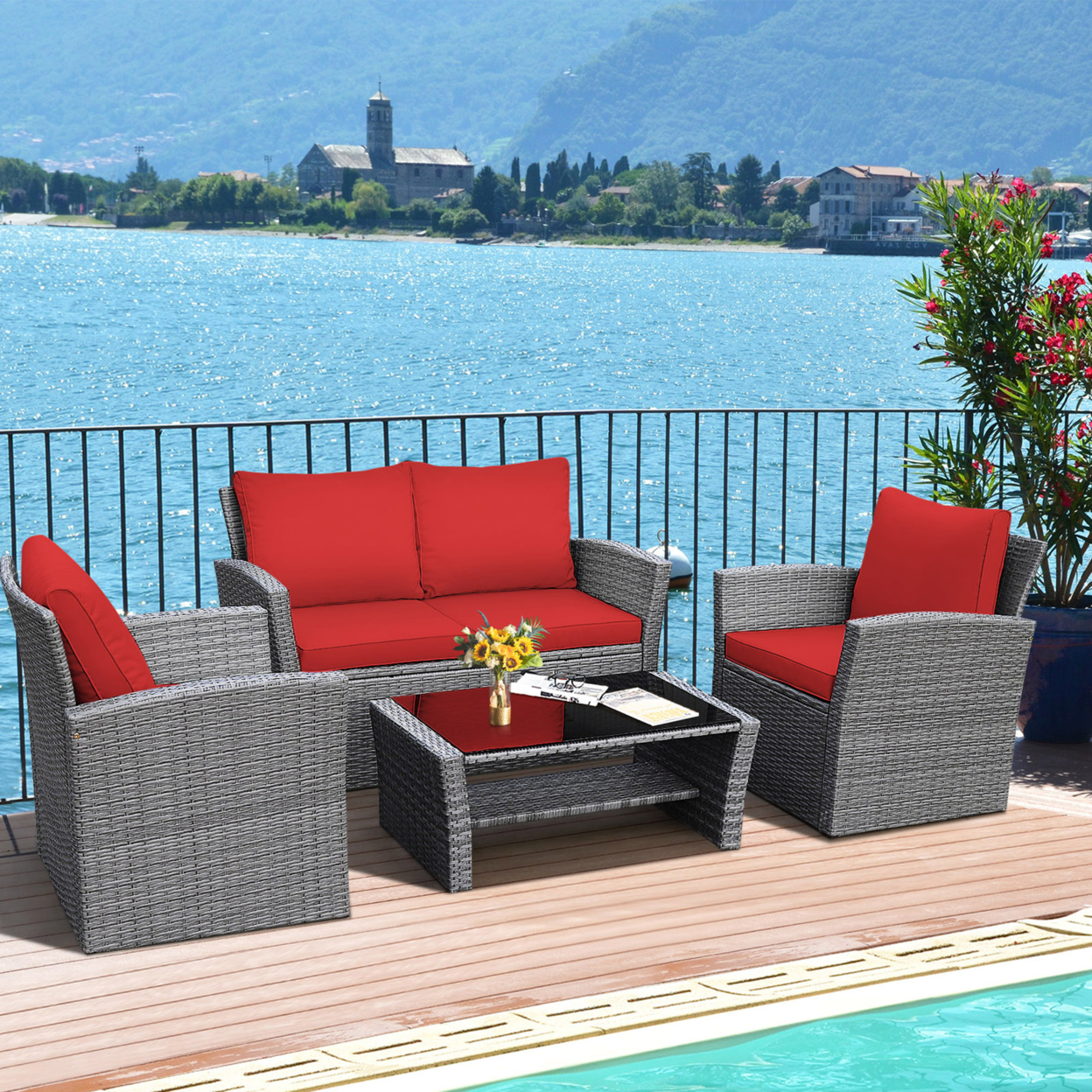 4PCS Patio Rattan Conversation Set Outdoor Furniture Set W/ Red Cushions