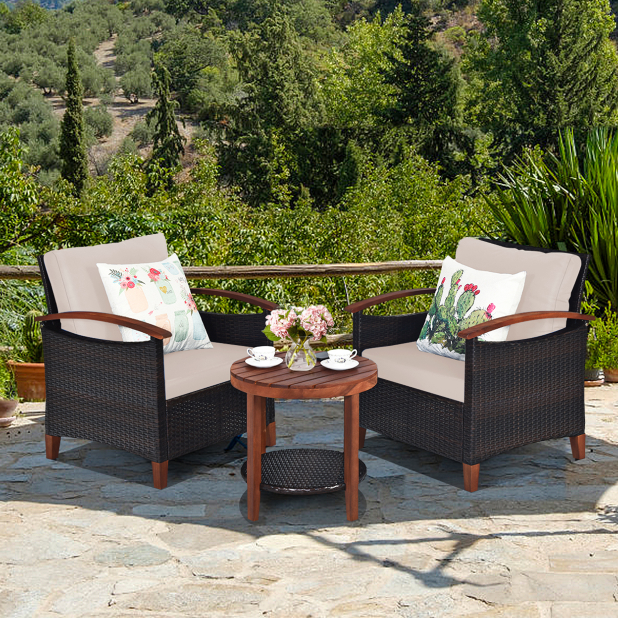 3PCS Patio Wicker Rattan Conversation Set Outdoor Furniture Set W/ Beige Cushion