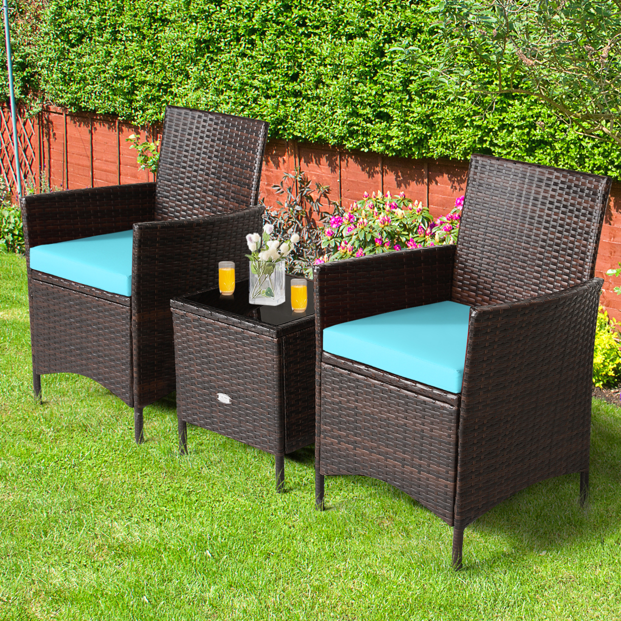3PCS Outdoor Rattan Conversation Set Patio Furniture Set W/ Blue Cushions