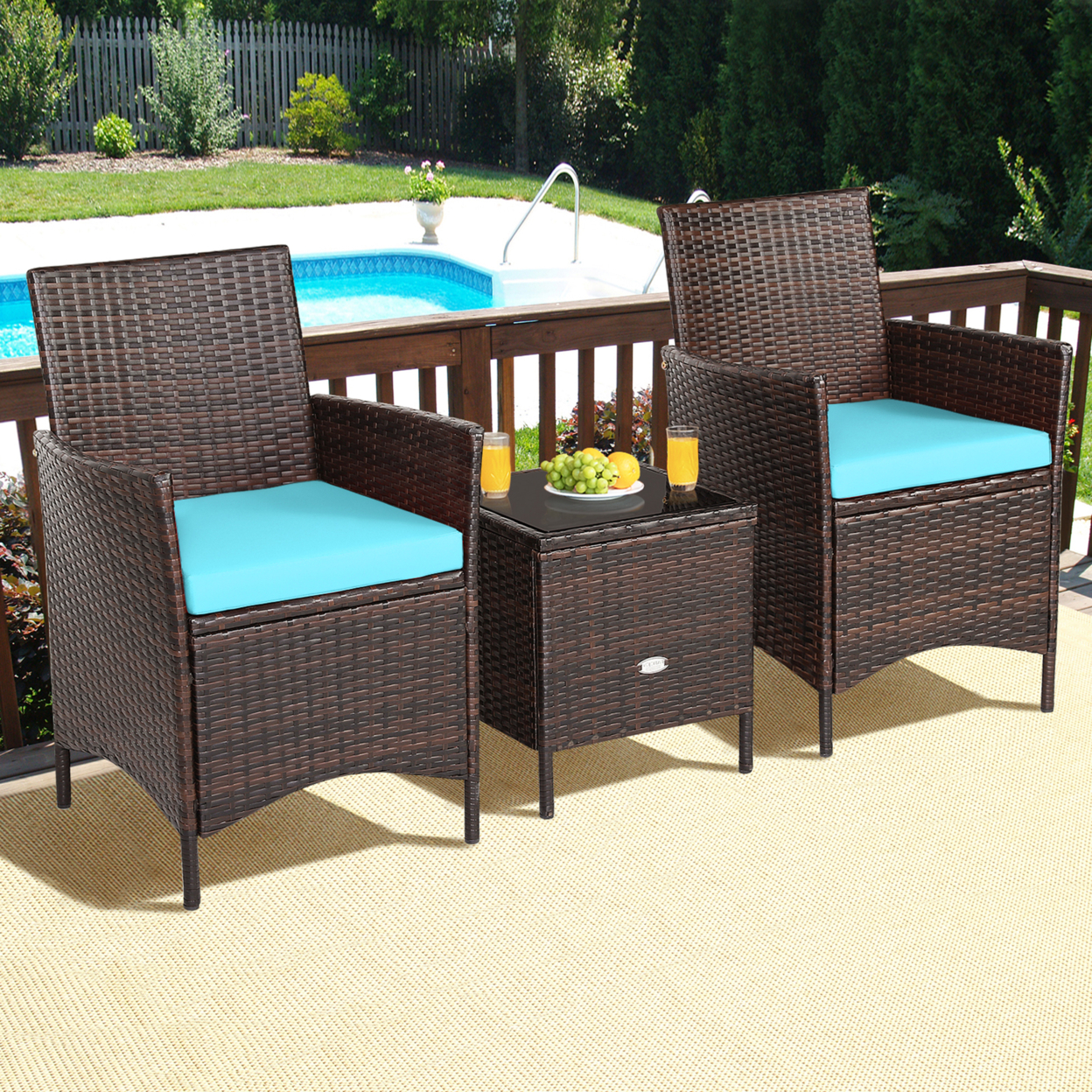 3PCS Outdoor Rattan Conversation Set Patio Furniture Set W/ Blue Cushions
