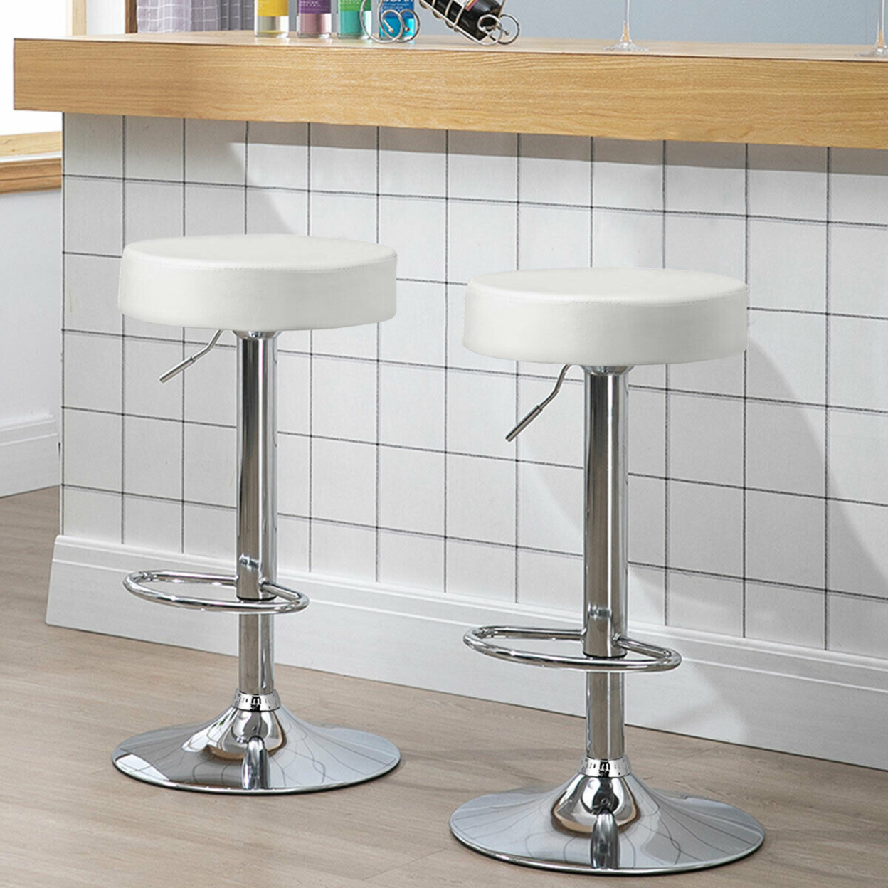 2PCS Adjustable Swivel Bar Stool PU Leather Kitchen Counter Bar Chairs White