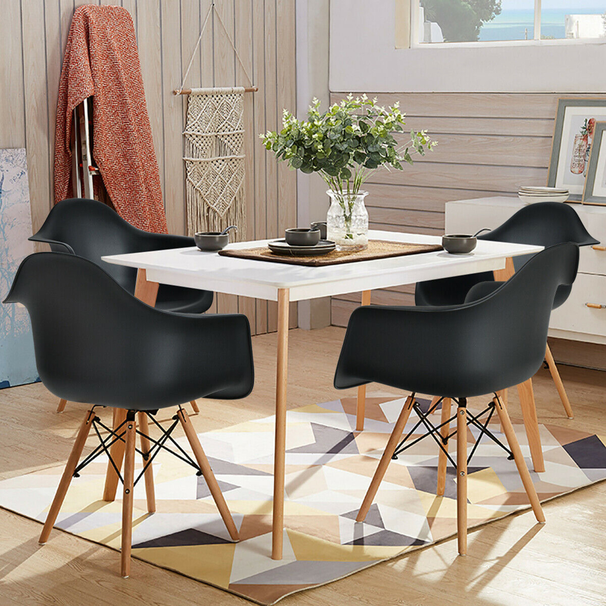 4PCS Molded Dining Arm Chair Side Chair Home Kitchen W/ Wooden Legs Black