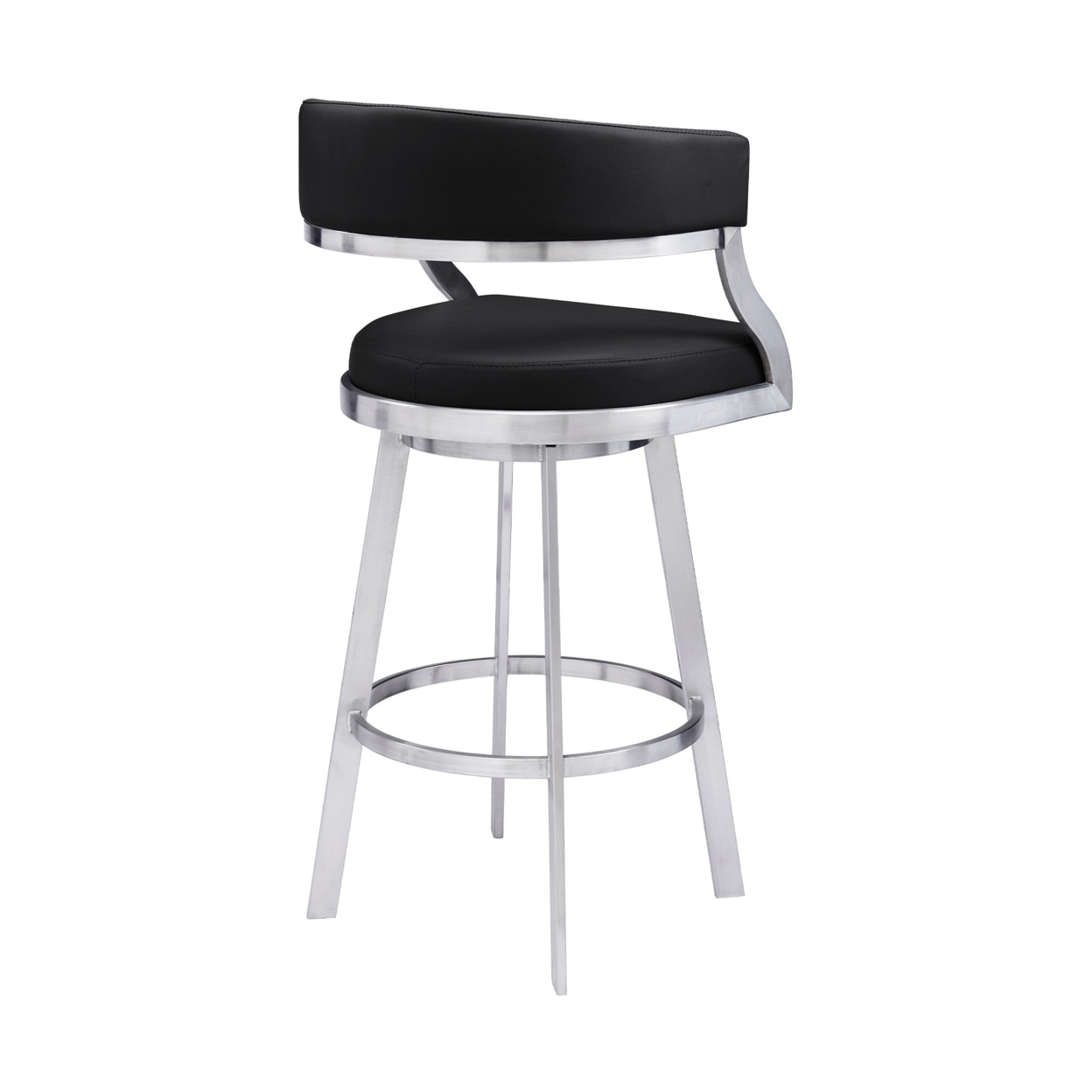 26 Inch Curved Seat Leatherette Swivel Barstool, Silver And Black- Saltoro Sherpi