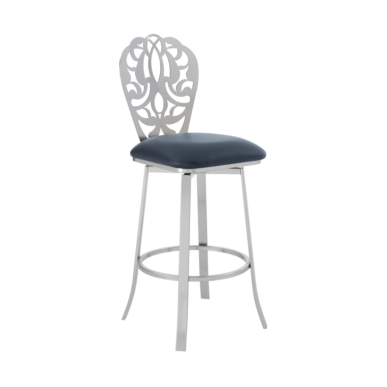 30 Inches Leatherette Barstool With Ornate Cut Out, Gray- Saltoro Sherpi