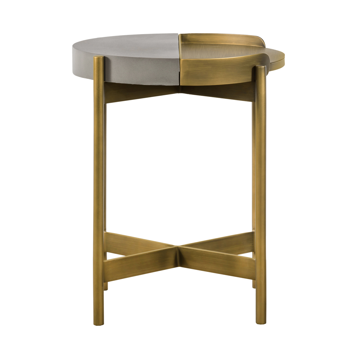 Concrete End Table With X Shape Base, Gray And Gold- Saltoro Sherpi