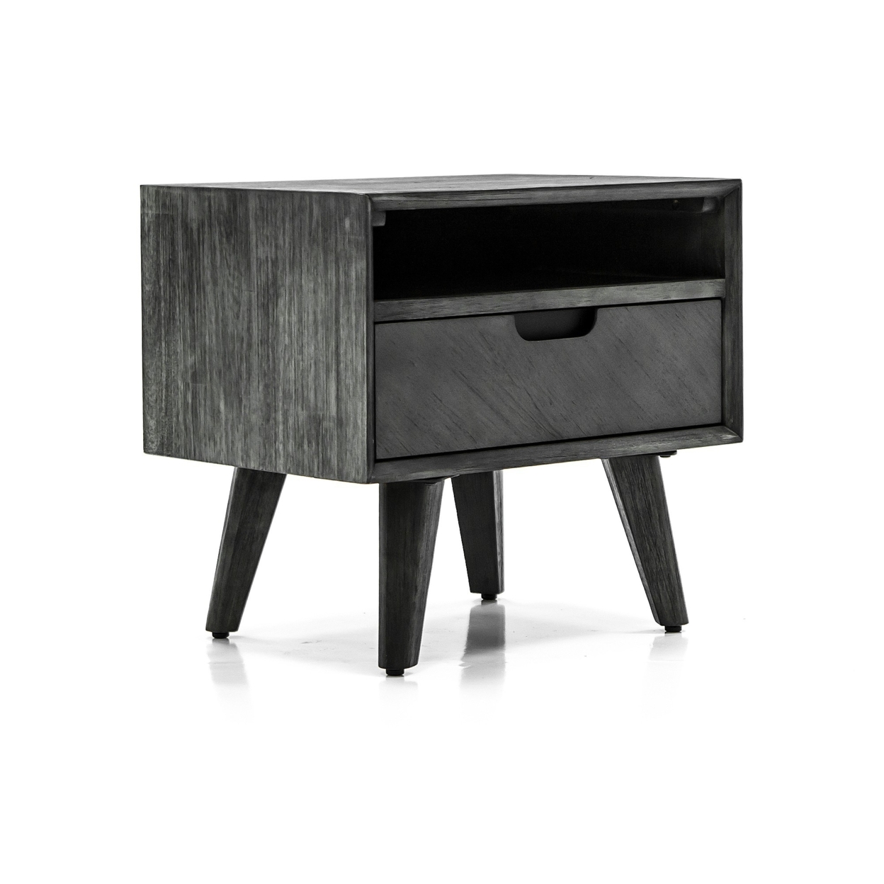 Mid Century 1 Drawer Wooden Nightstand With Cut Out Pulls, Distressed Gray- Saltoro Sherpi