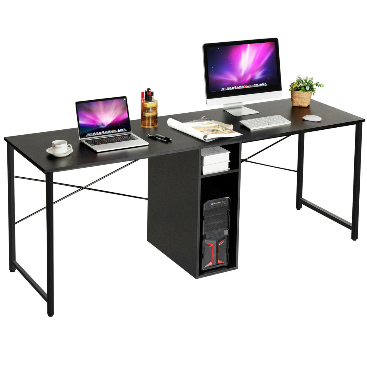 2 Person Computer Desk Double Workstation Office Desk W/ Storage - Black