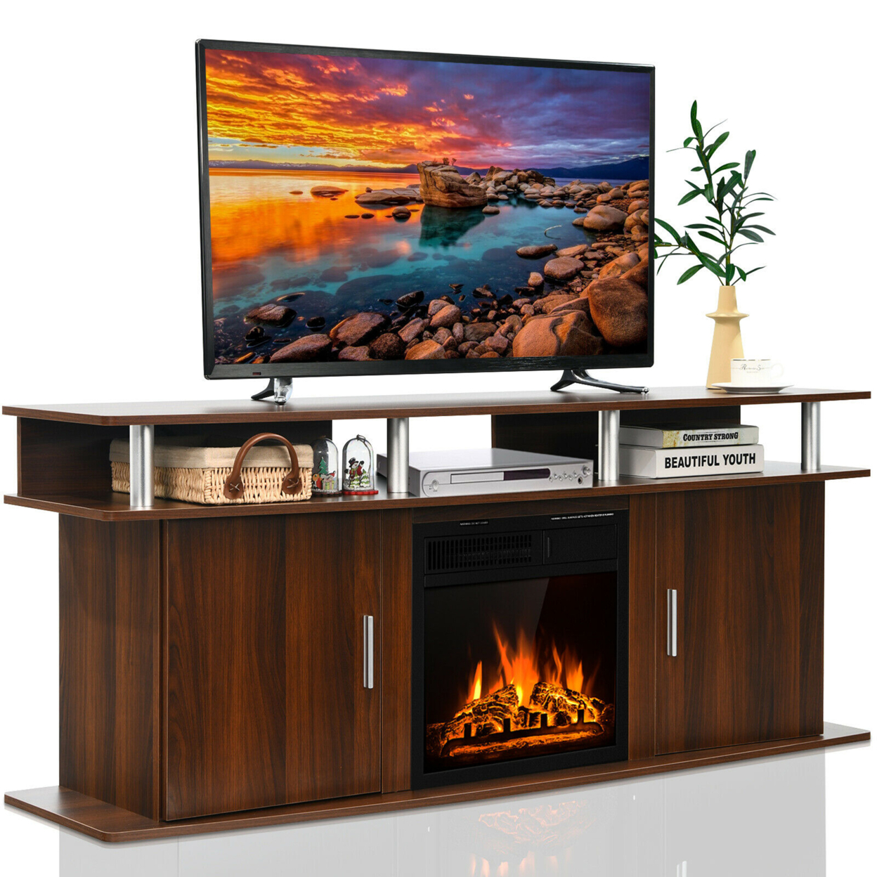 63'' Fireplace TV Stand W/18'' 1500W Electric Fireplace Up To 70'' Walnut