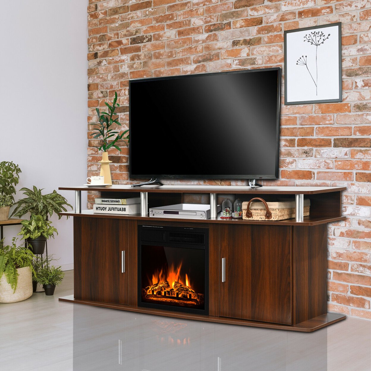 63'' Fireplace TV Stand W/18'' 1500W Electric Fireplace Up To 70'' Walnut