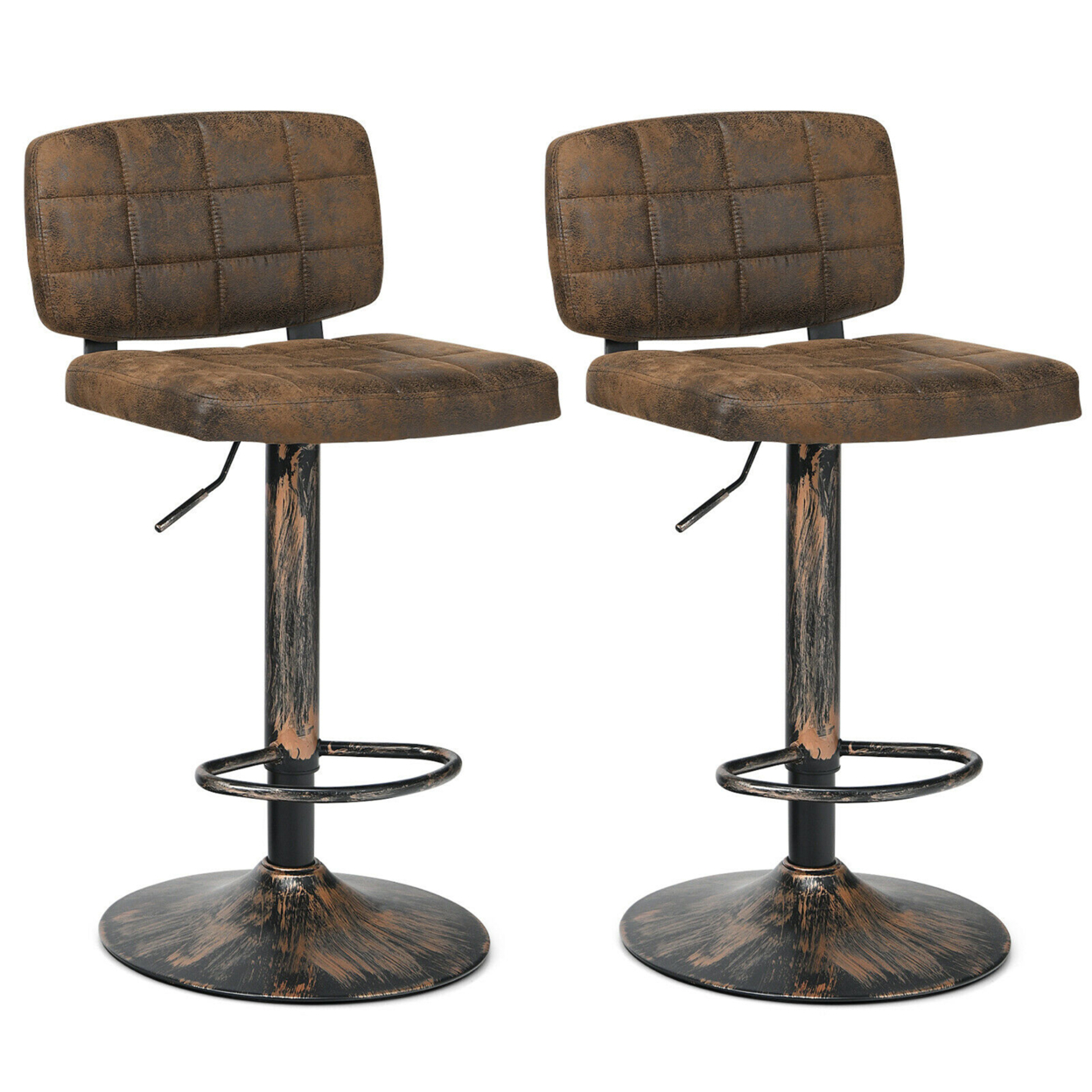 Set Of 2 Adjustable Bar Stools Swivel Bar Chairs W/Backrest Retro Brown