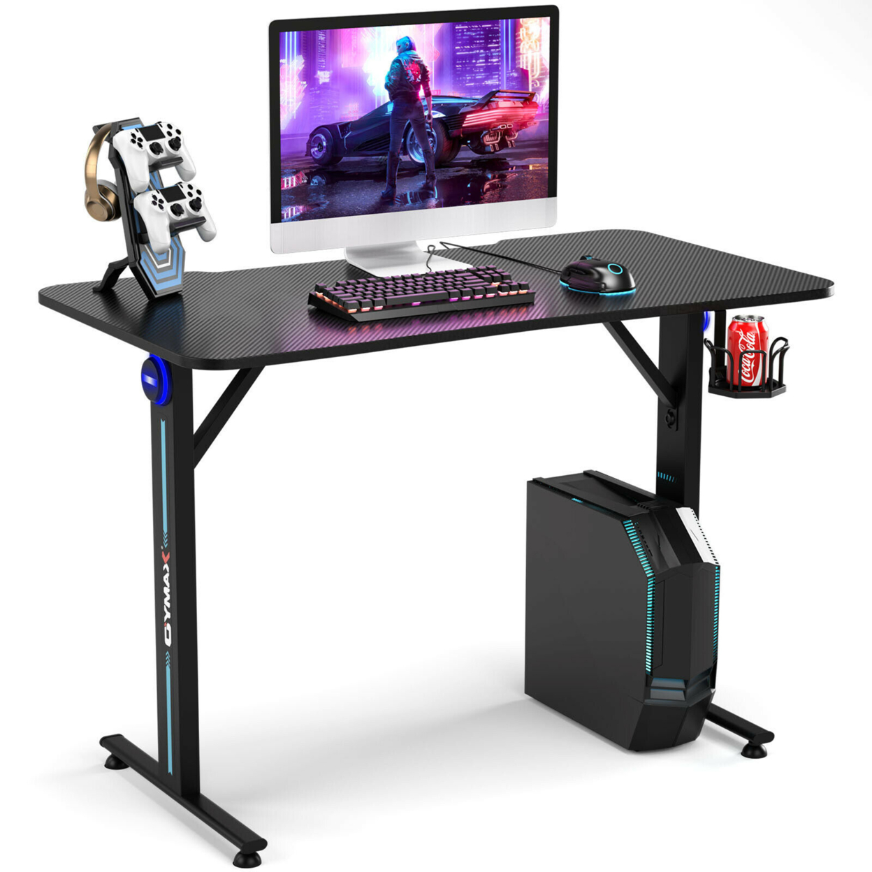 Gaming Desk Home Office PC Computer Desk W/LED Lignt&Gaming Handle Rack