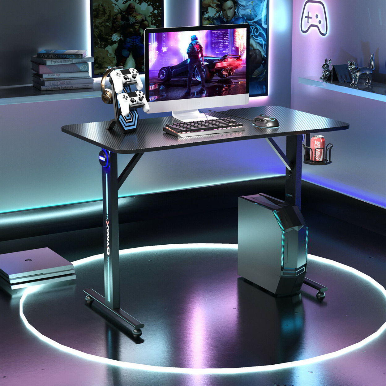 Gaming Desk Home Office PC Computer Desk W/LED Lignt&Gaming Handle Rack