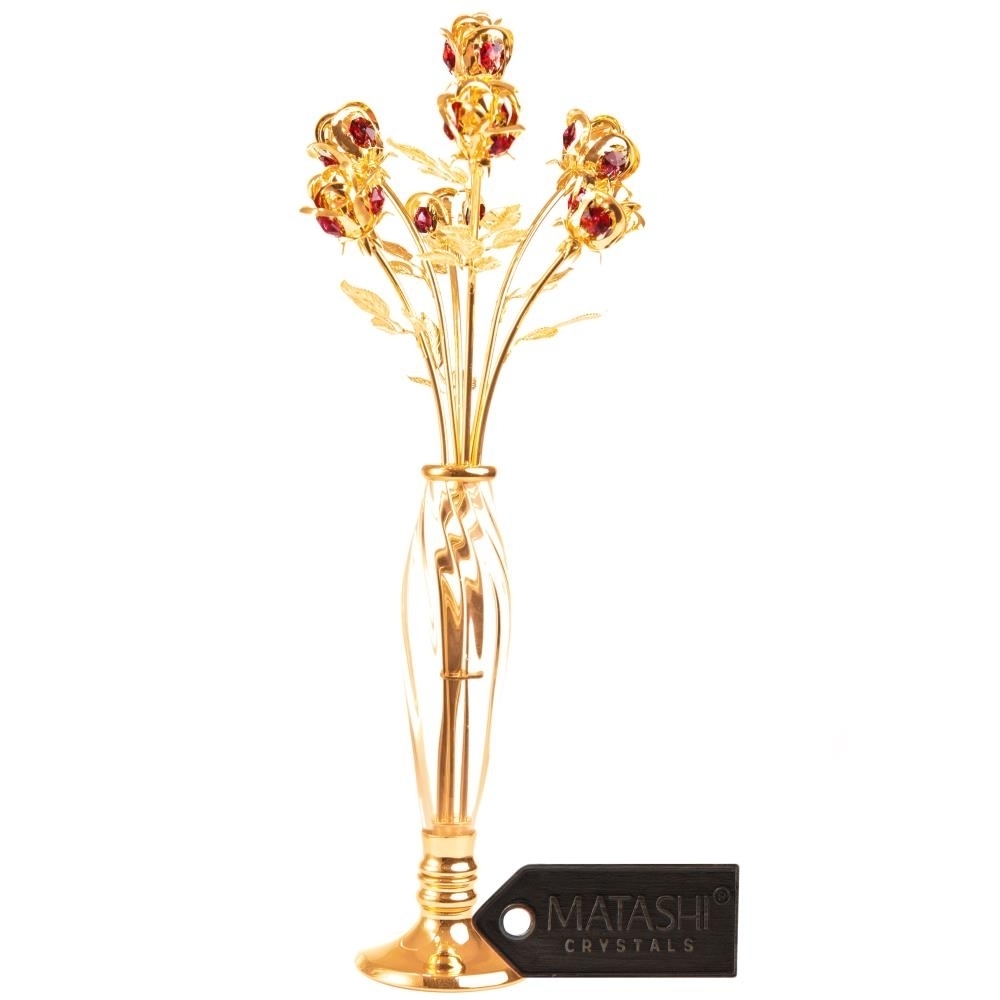 24K Gold Dipped Crystal Studded Rose Bouquet In An Elegant Vase Beautiful Flower Ornament Crafted With Stunning Crystals
