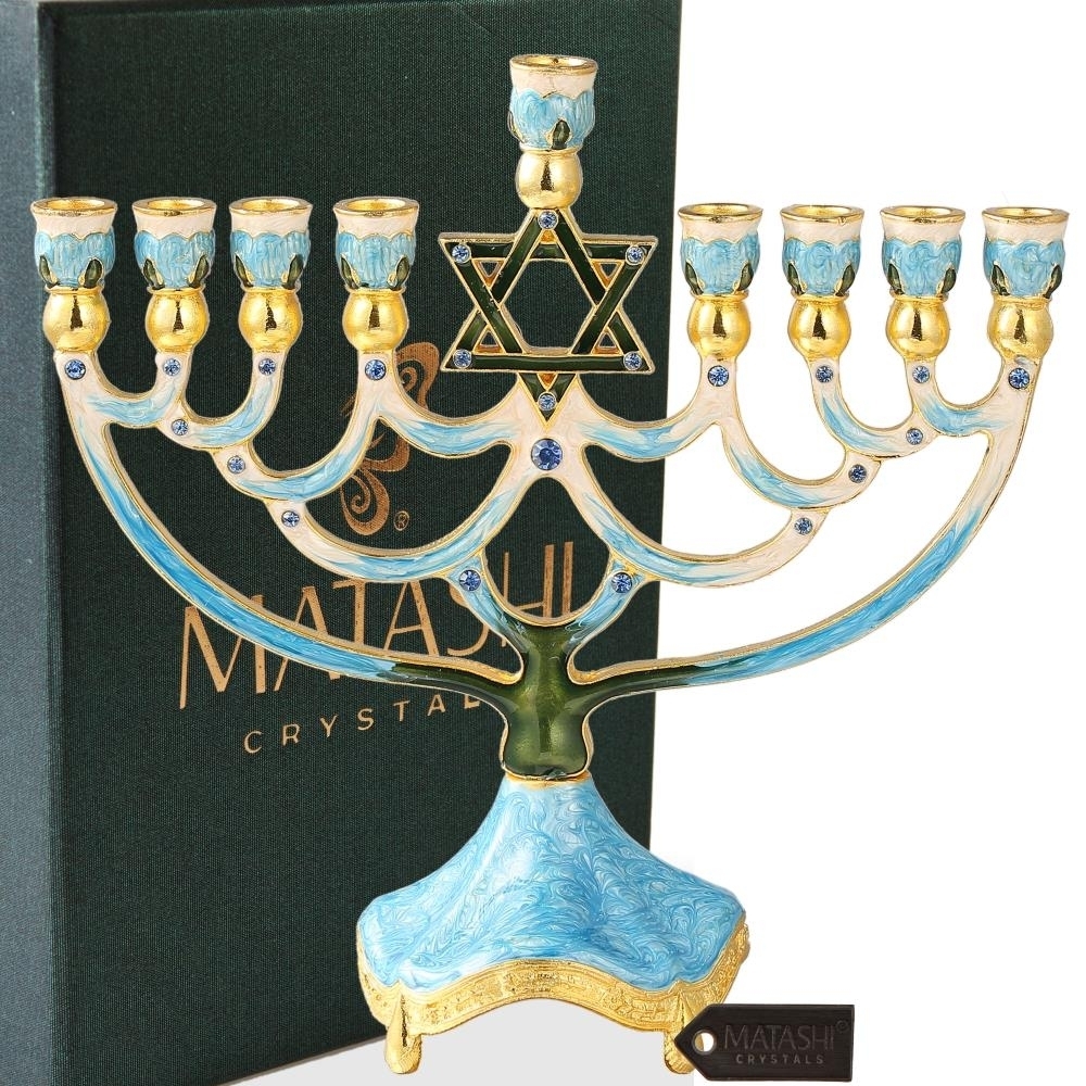 Hand Painted Enamel Menorah Candelabra With A Star Of David Design And Embellished With Gold Accents And High Quality Crystals By Matashi