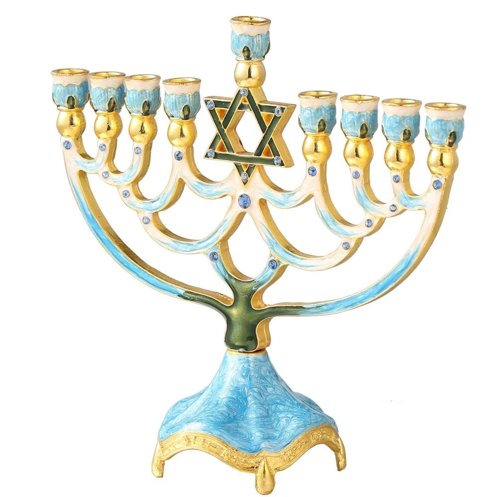 Hand Painted Enamel Menorah Candelabra With A Star Of David Design And Embellished With Gold Accents And High Quality Crystals By Matashi