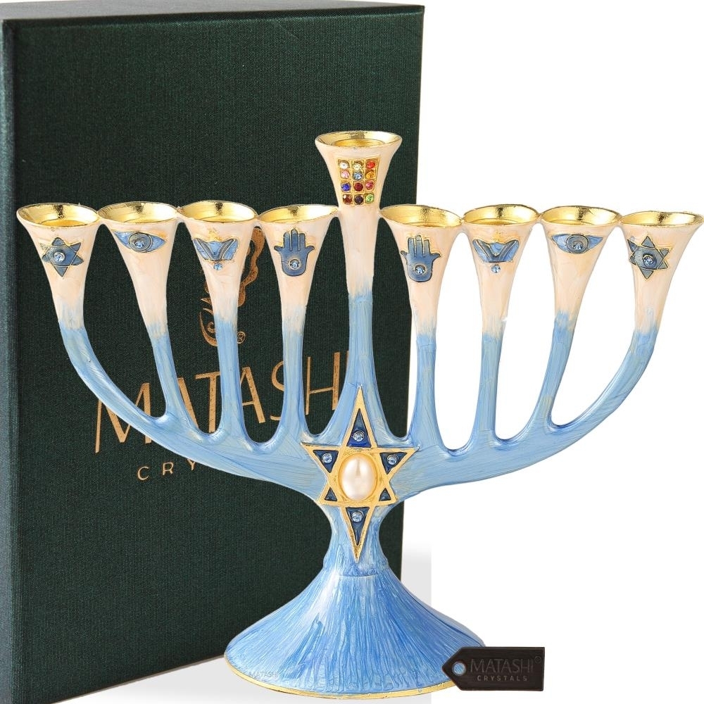 Hand Painted Enamel Menorah Candelabra With A Star Of David Design And Embellished With Gold Accents And High Quality Crystals By Matashi BL