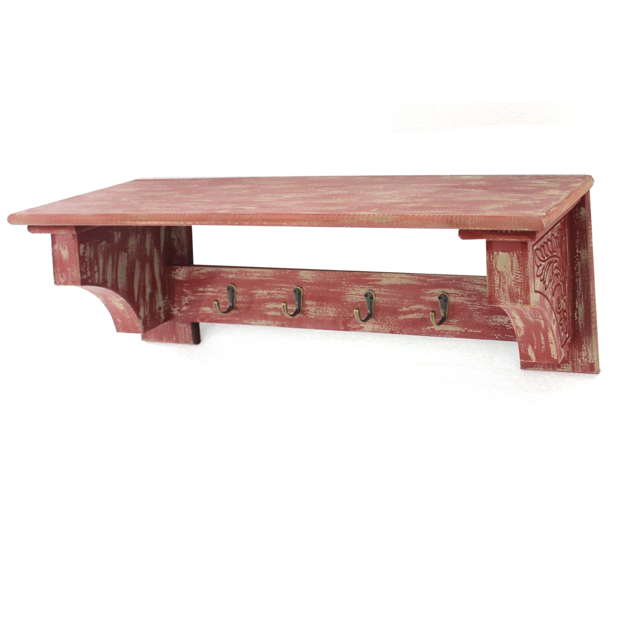 Wooden Wall Shelf With 4 Hooks And Carved Side Frames, Distressed Red- Saltoro Sherpi
