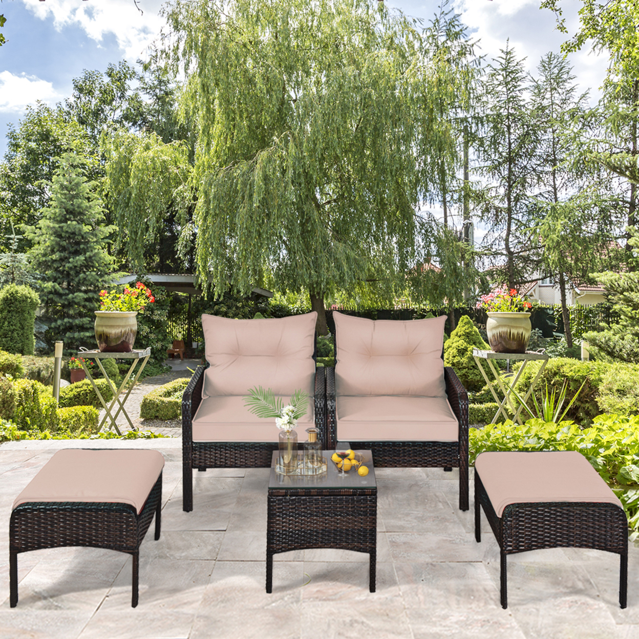 5 PC Patio Set Sectional Rattan Wicker Furniture Set Home Outdoor