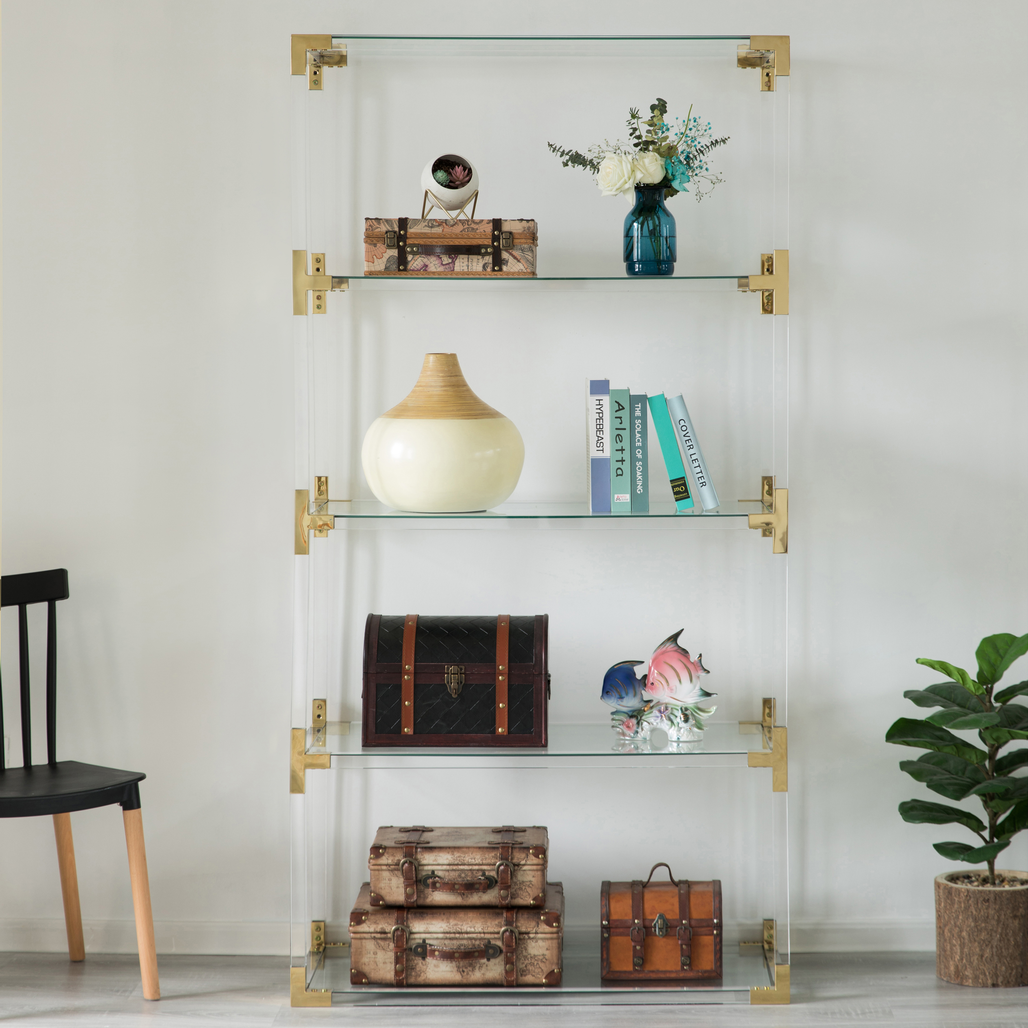 Acrylic Gold Metal Modern 4 Shelf Etagere Bookcase With Glass Shelves