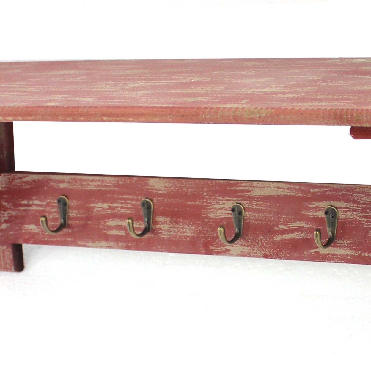 Wooden Wall Shelf With 4 Hooks And Carved Side Frames, Distressed Red- Saltoro Sherpi