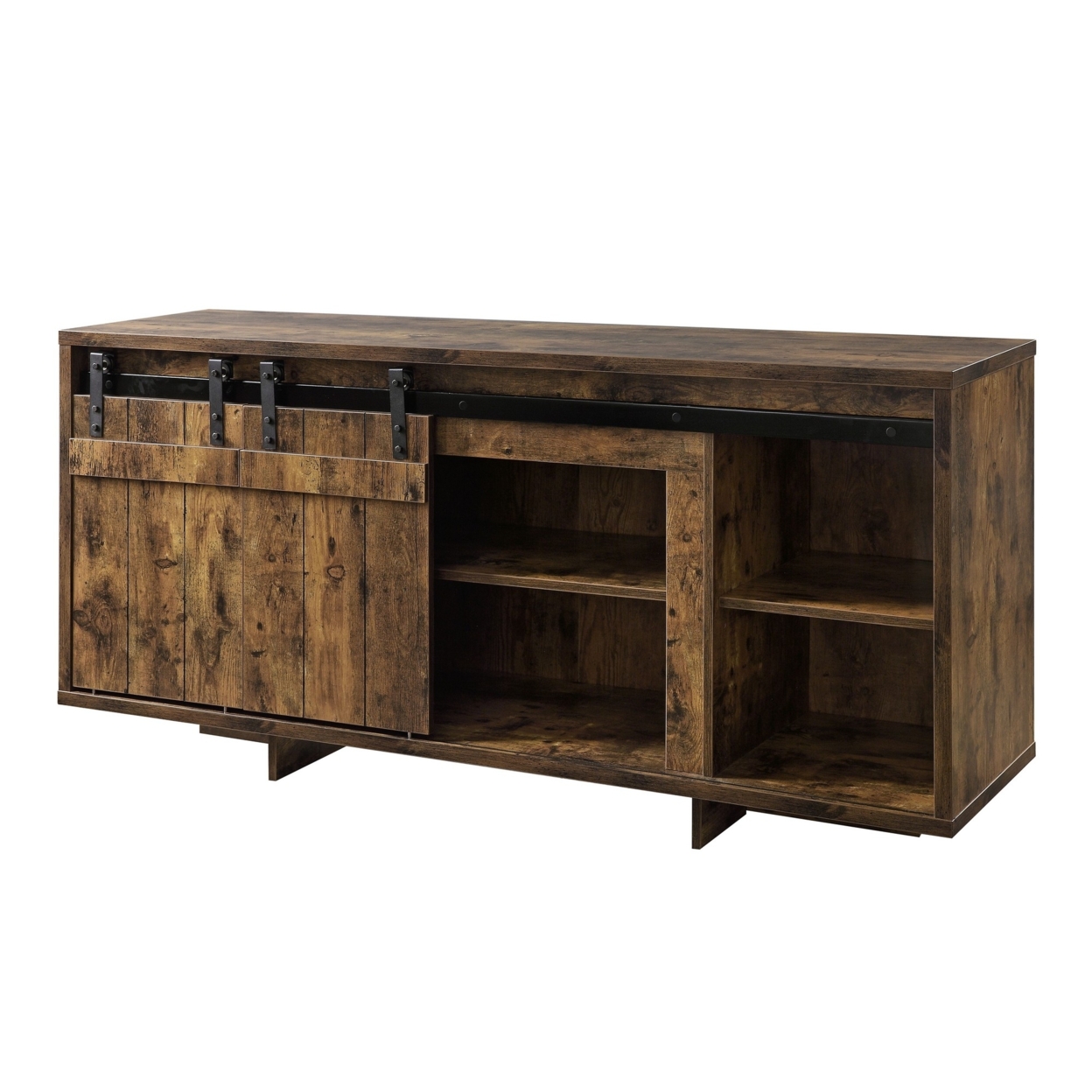 60 Inches Wooden TV Stand With 2 Barn Sliding Doors, Rustic Brown- Saltoro Sherpi