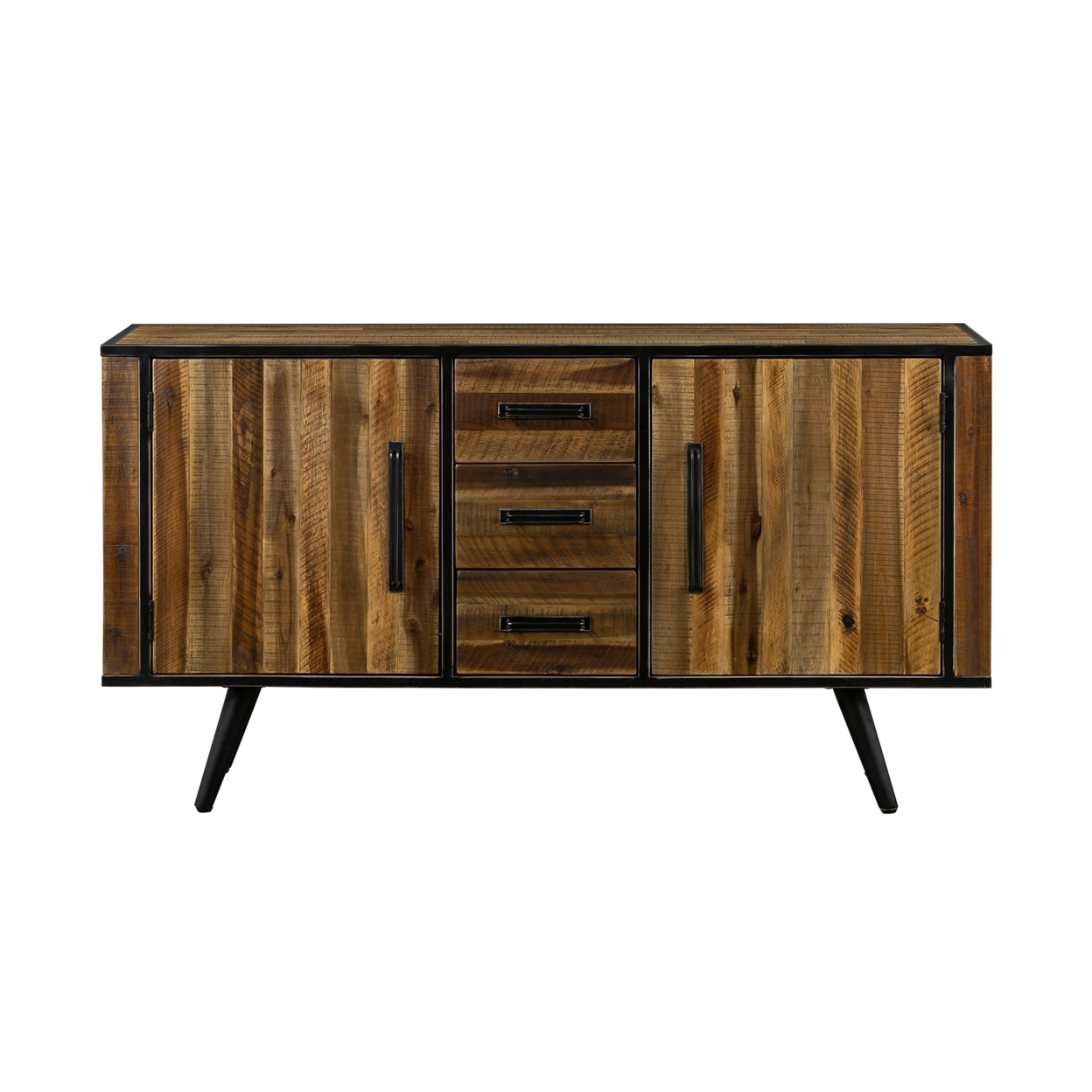 57 Inch Buffet Cabinet, Wood, Natural Wood Grain Details, Brown And Black