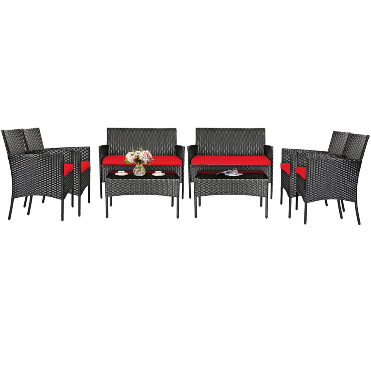 Gymax 8PCS Outdoor Furniture Set Patio Rattan Conversation Set W/ Red Cushion