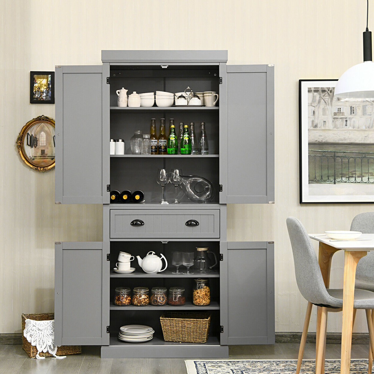 Kitchen Cabinet Pantry Cupboard Freestanding W/Shelves Grey