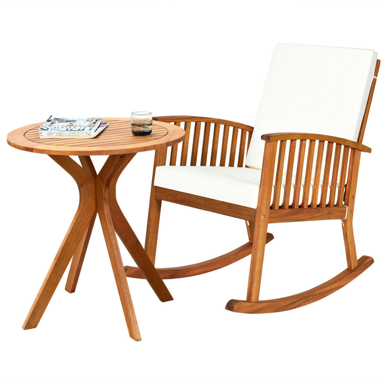 2PCS Patio Rocking Chair Set Round Table Solid Wood Cushioned Sofa Garden Deck