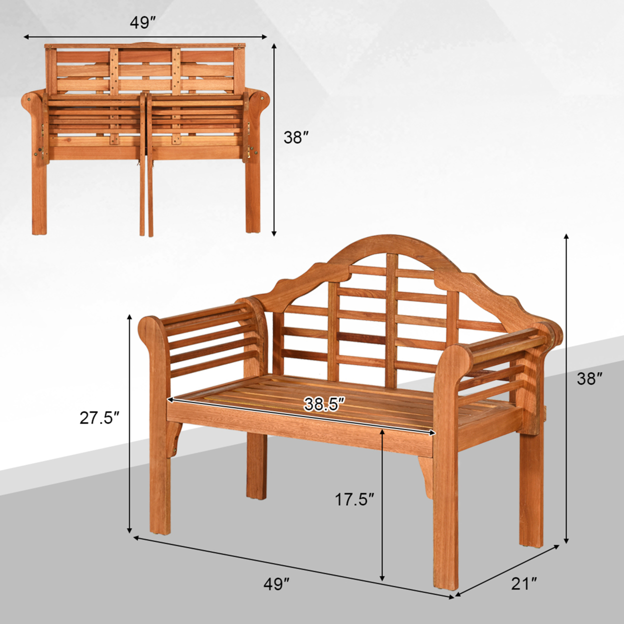 Foldable Patio Wooden Bench Garden Loveseat With Crown-Like Backrest
