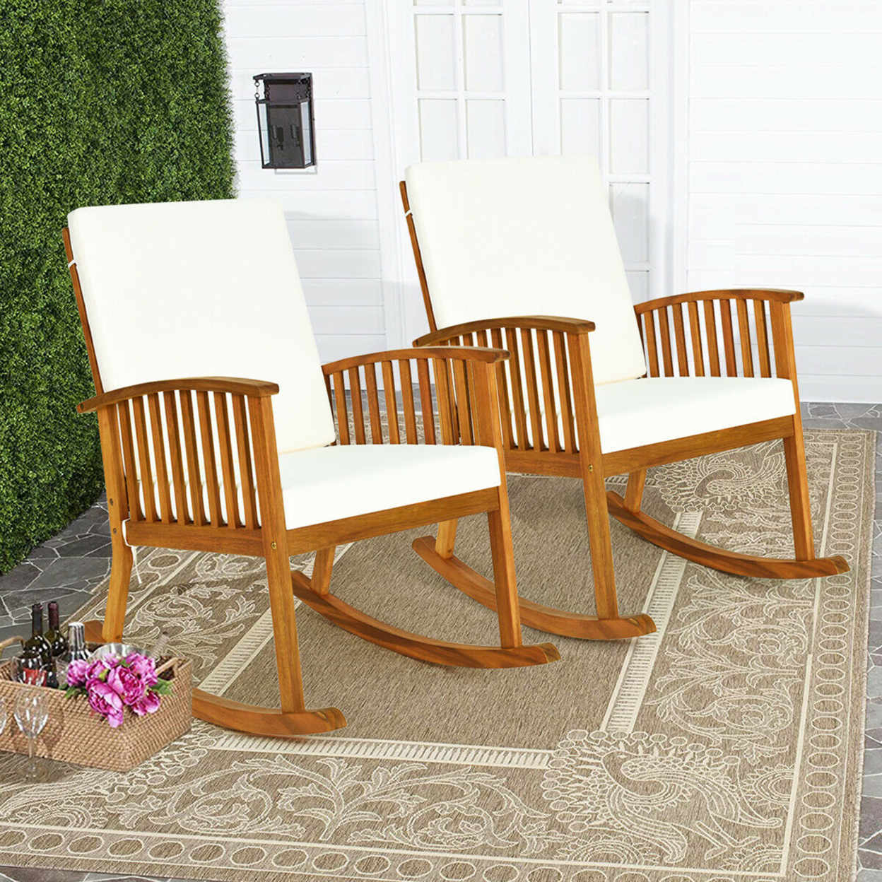 3PCS Patio Rocking Chair Set Round Table Solid Wood Cushioned Sofa Garden Deck