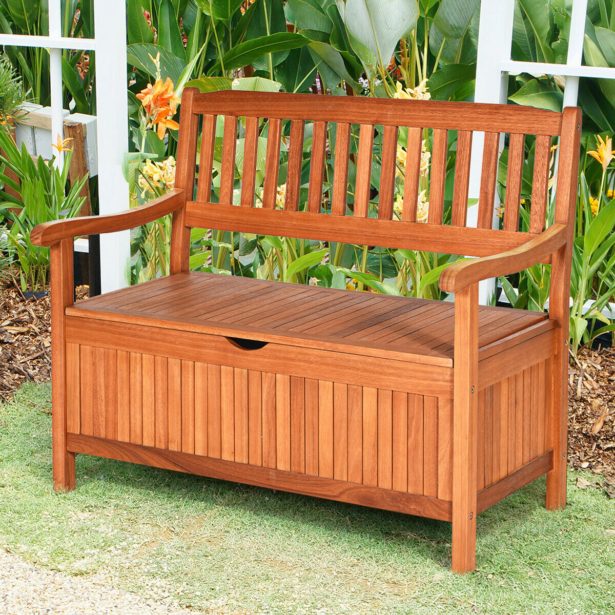 42'' Storage Bench Deck Box Solid Wood Seating Container Tools Toys W/Backrest