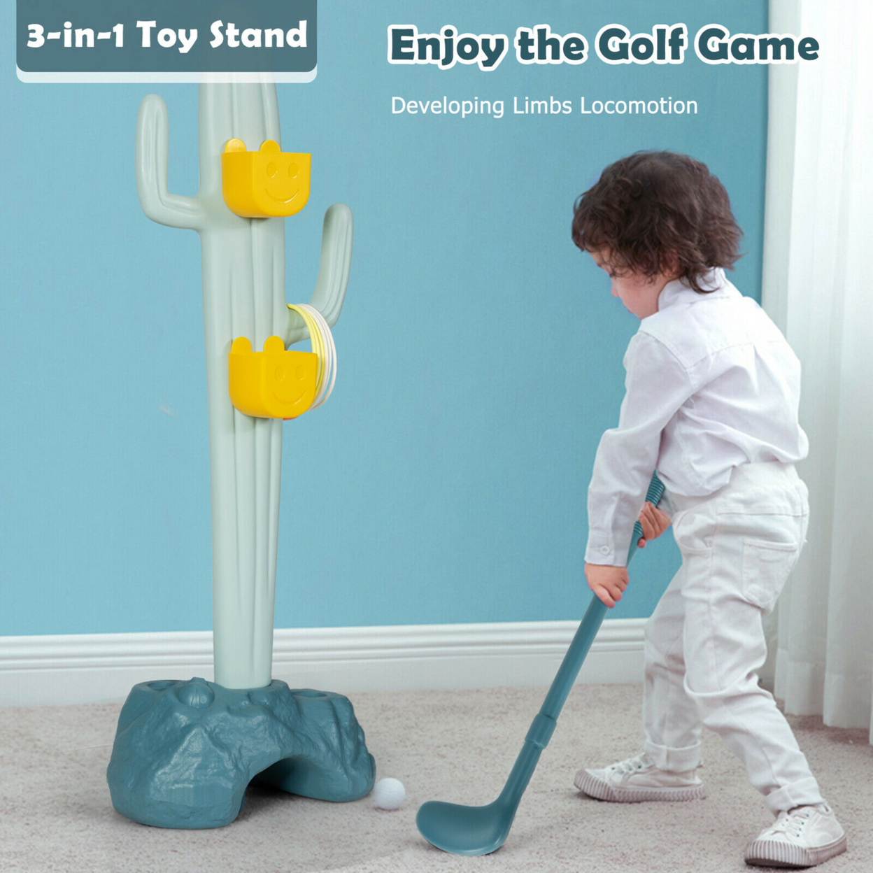 3-in-1 Sports Activity Center W/ Golf & Ring-Toss Cactus Toy Stand