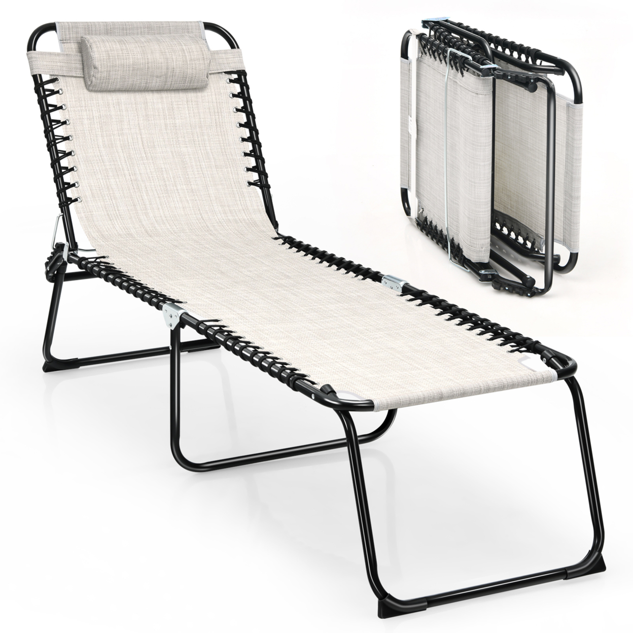 Folding Beach Lounger Chaise Lounge Chair W/ Pillow 4-Level Backrest Grey/Black - Grey