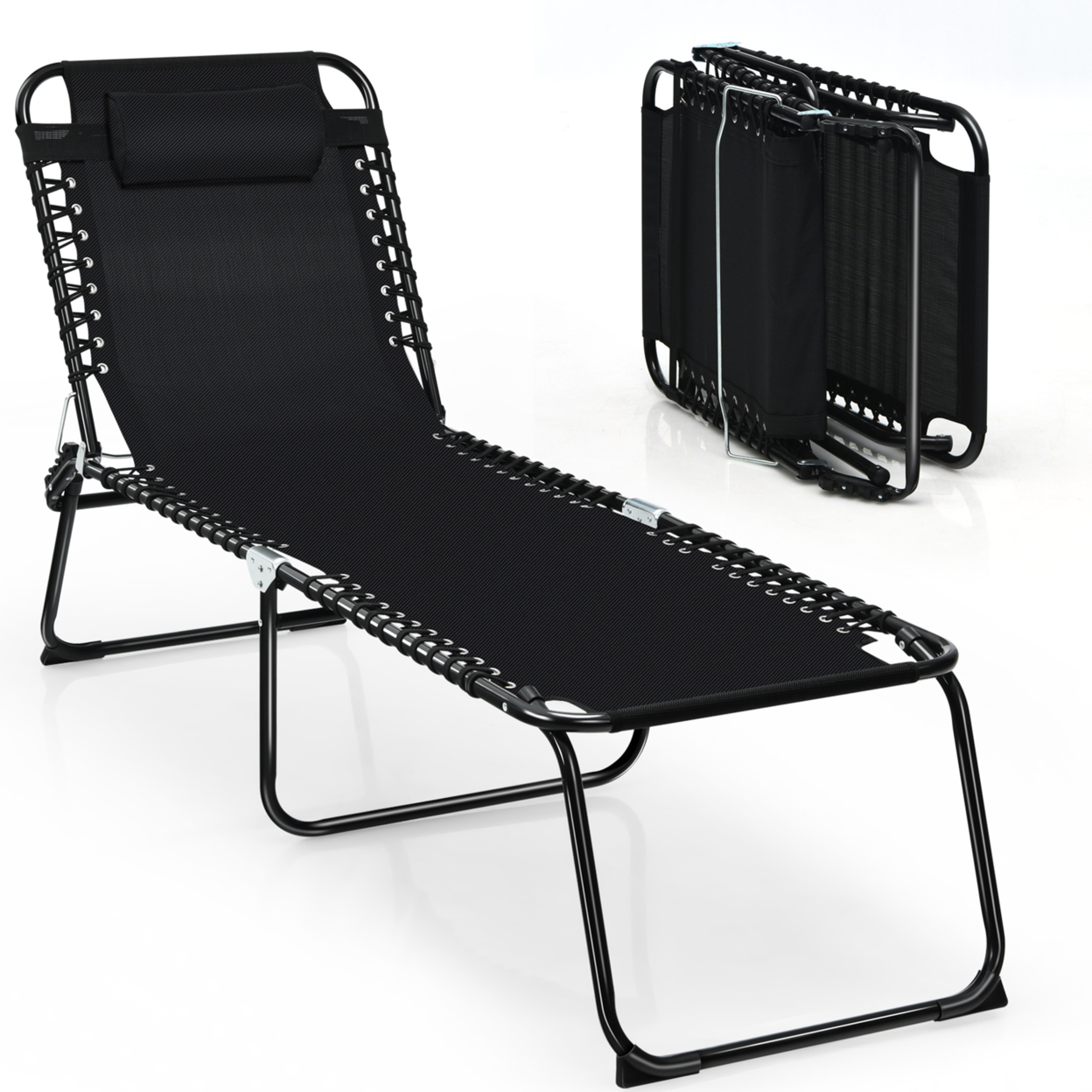 Folding Beach Lounger Chaise Lounge Chair W/ Pillow 4-Level Backrest Grey/Black - Black